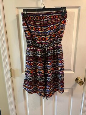 Xhilaration Strapless Aztec Print Dress in Navy, Red & Yellow